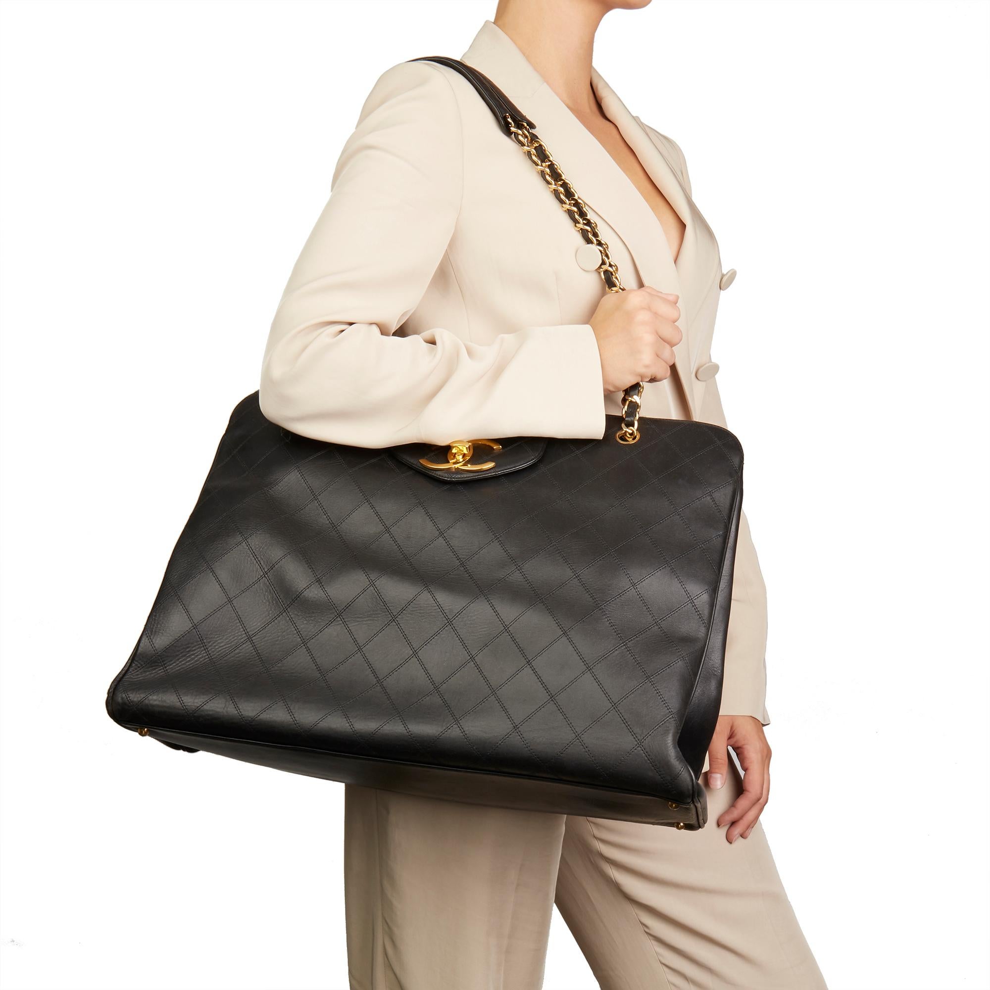 1990 Chanel Black Quilted Lambskin Leather Vintage Jumbo XL Supermodel Tote 6