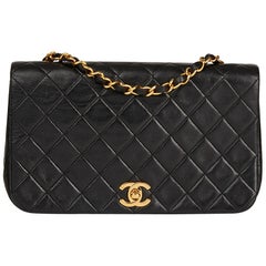 1990 Chanel schwarz gestepptes Lammleder kleine klassische Single Full Flap Bag