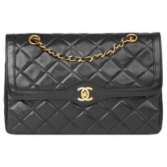 1990 Chanel Black Quilted Lambskin Vintage Large Paris Limited Double Flap Bag