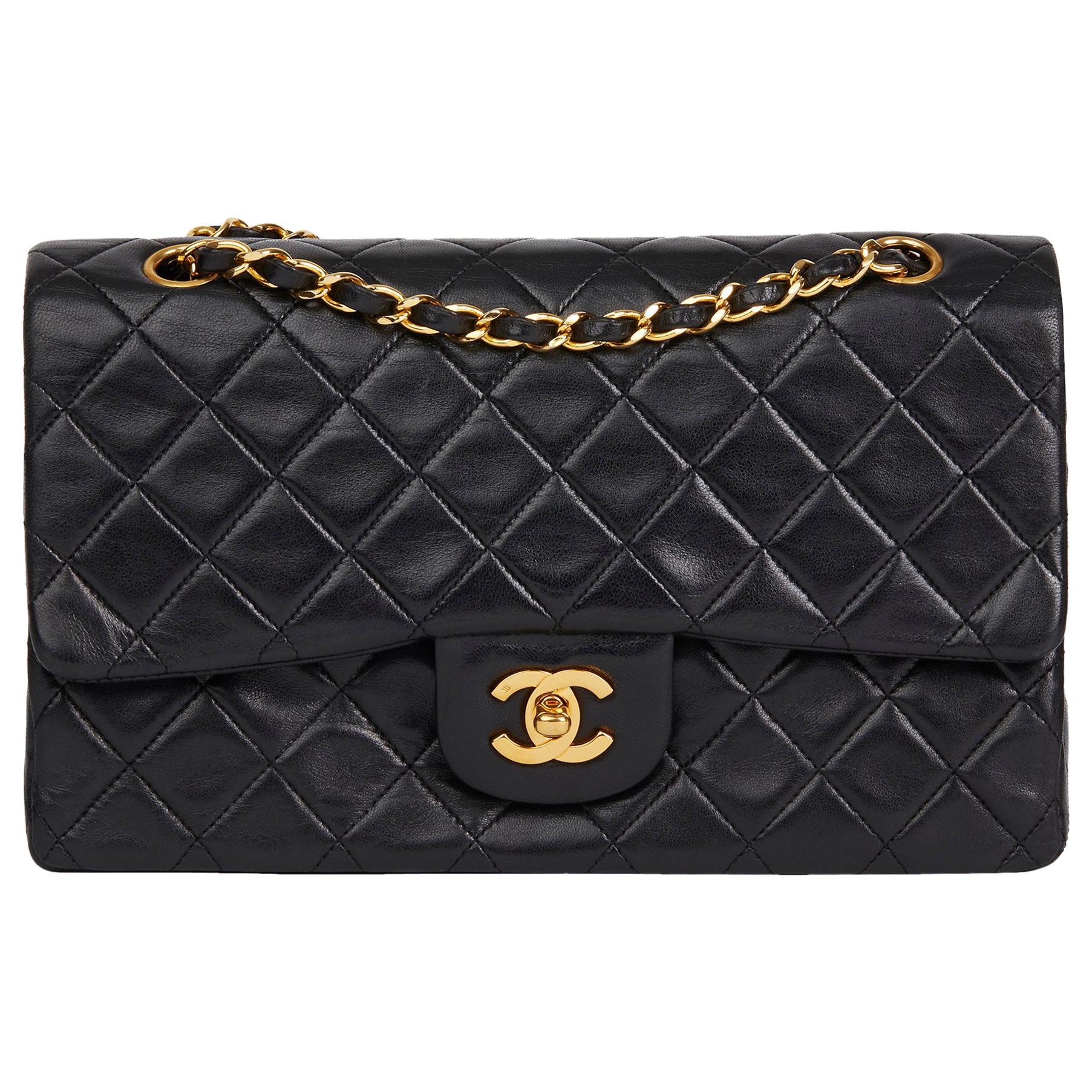 1990 Chanel Black Quilted Lambskin Vintage Medium Classic Double Flap Bag