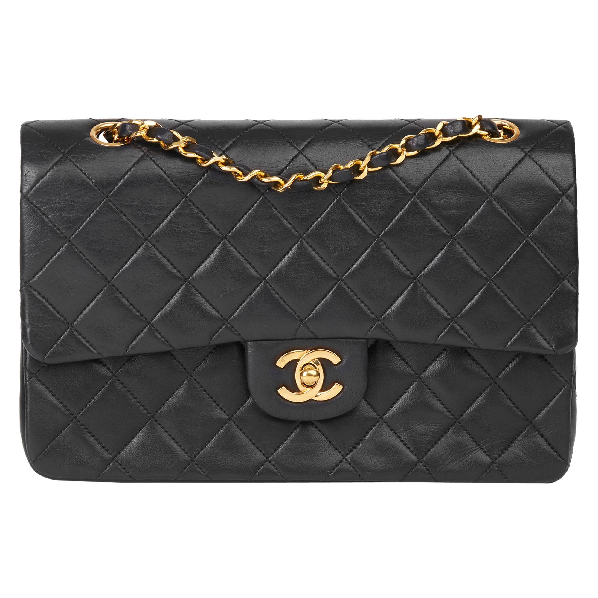 1990 Chanel Black Quilted Lambskin Vintage Medium Classic Double Flap Bag 