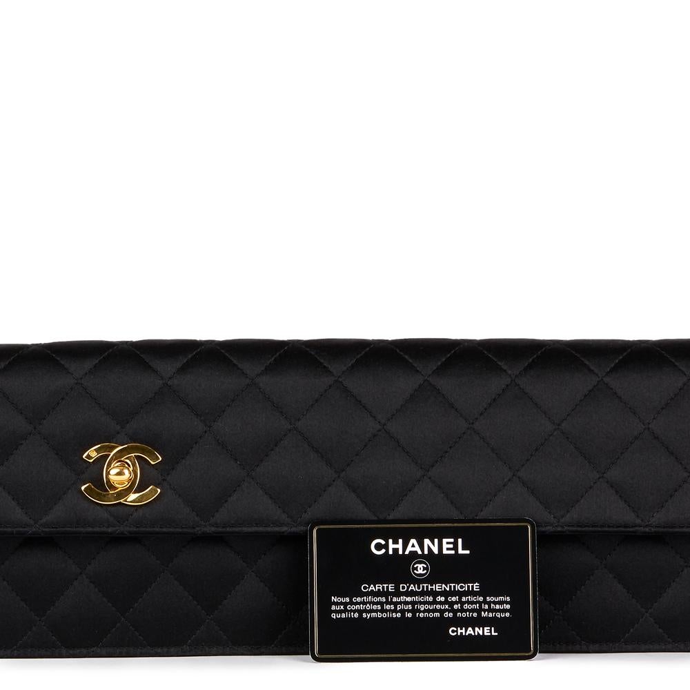 1990 Chanel Black Quilted Satin Vintage Extra Long Classic Clutch 5