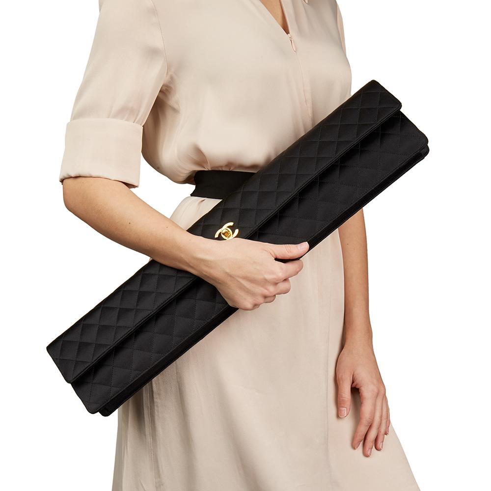 1990 Chanel Black Quilted Satin Vintage Extra Long Classic Clutch 6