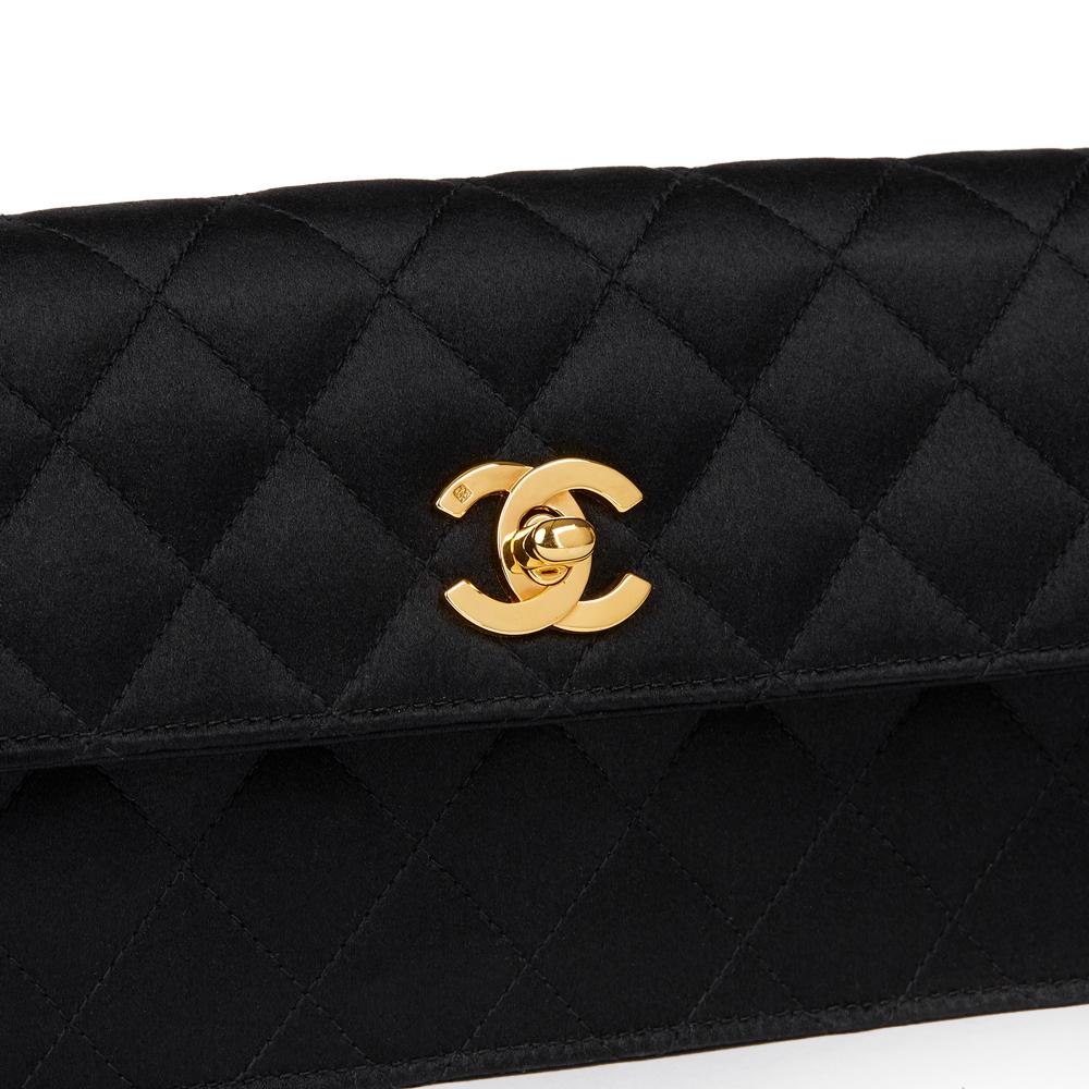 Women's 1990 Chanel Black Quilted Satin Vintage Extra Long Classic Clutch
