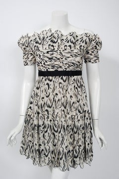 1990 Chanel by Karl Lagerfeld Documented Graphic Print Ivory Silk Mini Dress