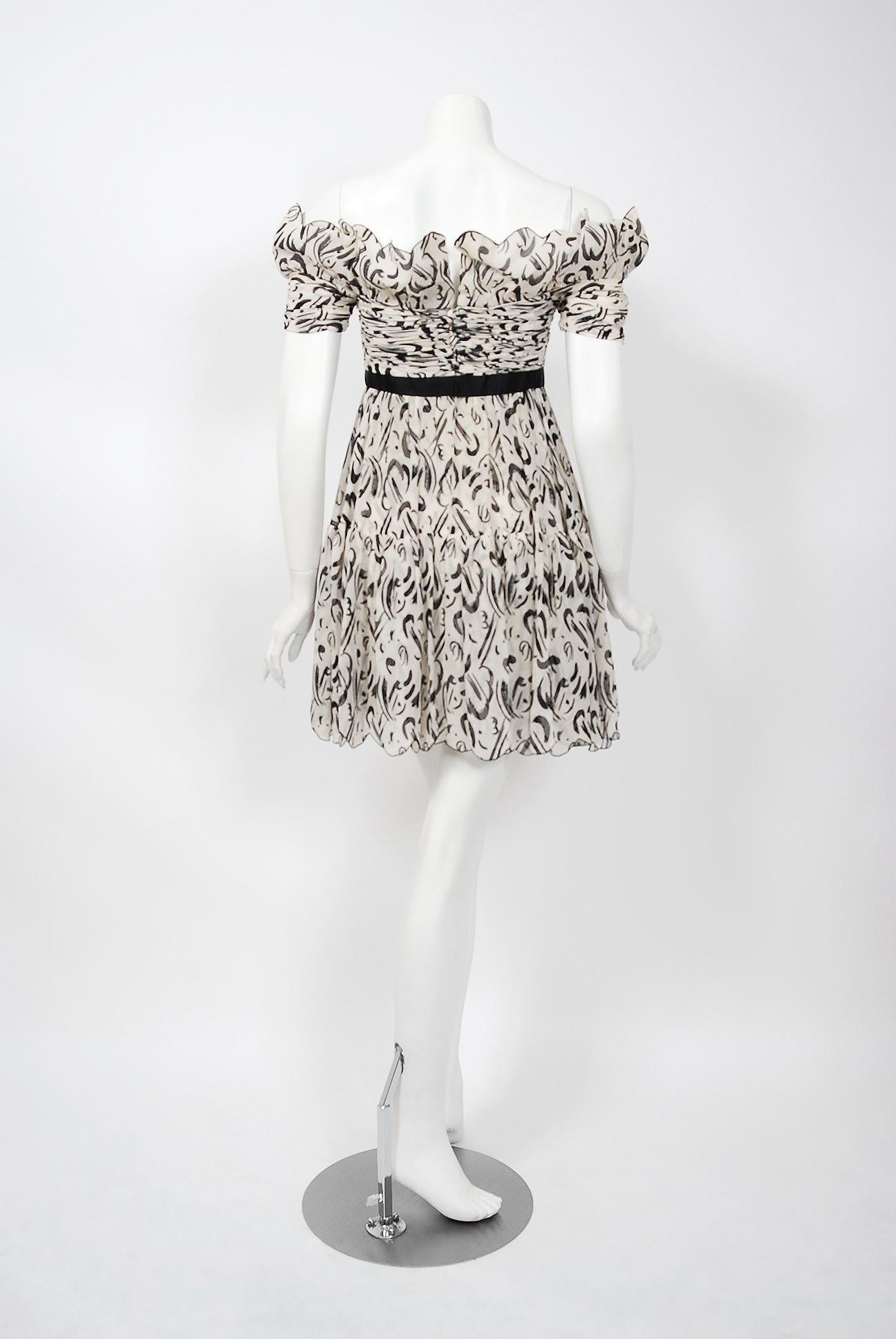 Gray 1990 Chanel by Karl Lagerfeld Documented Graphic Print Ivory Silk Mini Dress For Sale