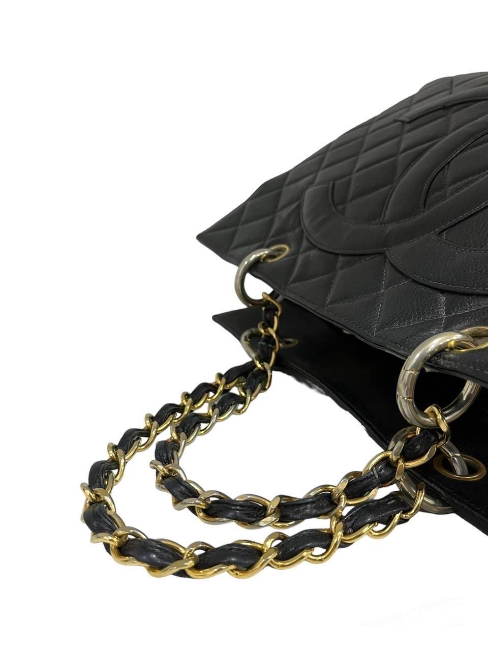 1990 Chanel GST Große Einkaufstasche aus schwarzem Kaviarleder mit Griff oben im Angebot 2