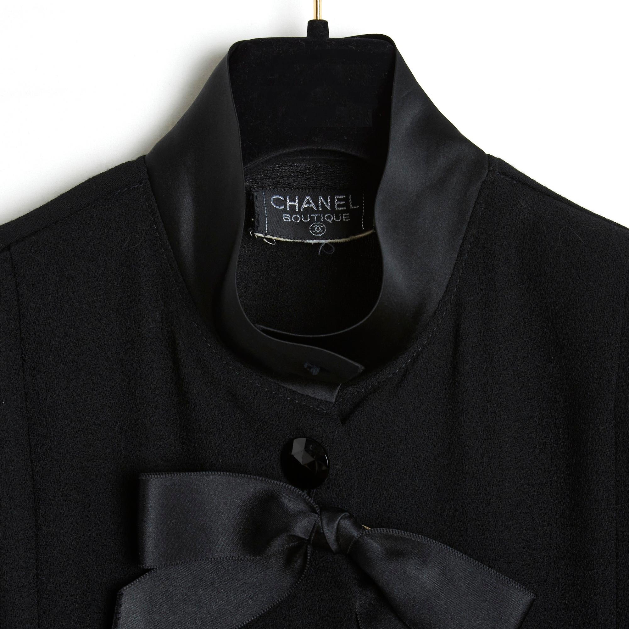 Women's or Men's 1990 Chanel Maxi Dress Coat FR42/44 Black Wool silk satin ruffles