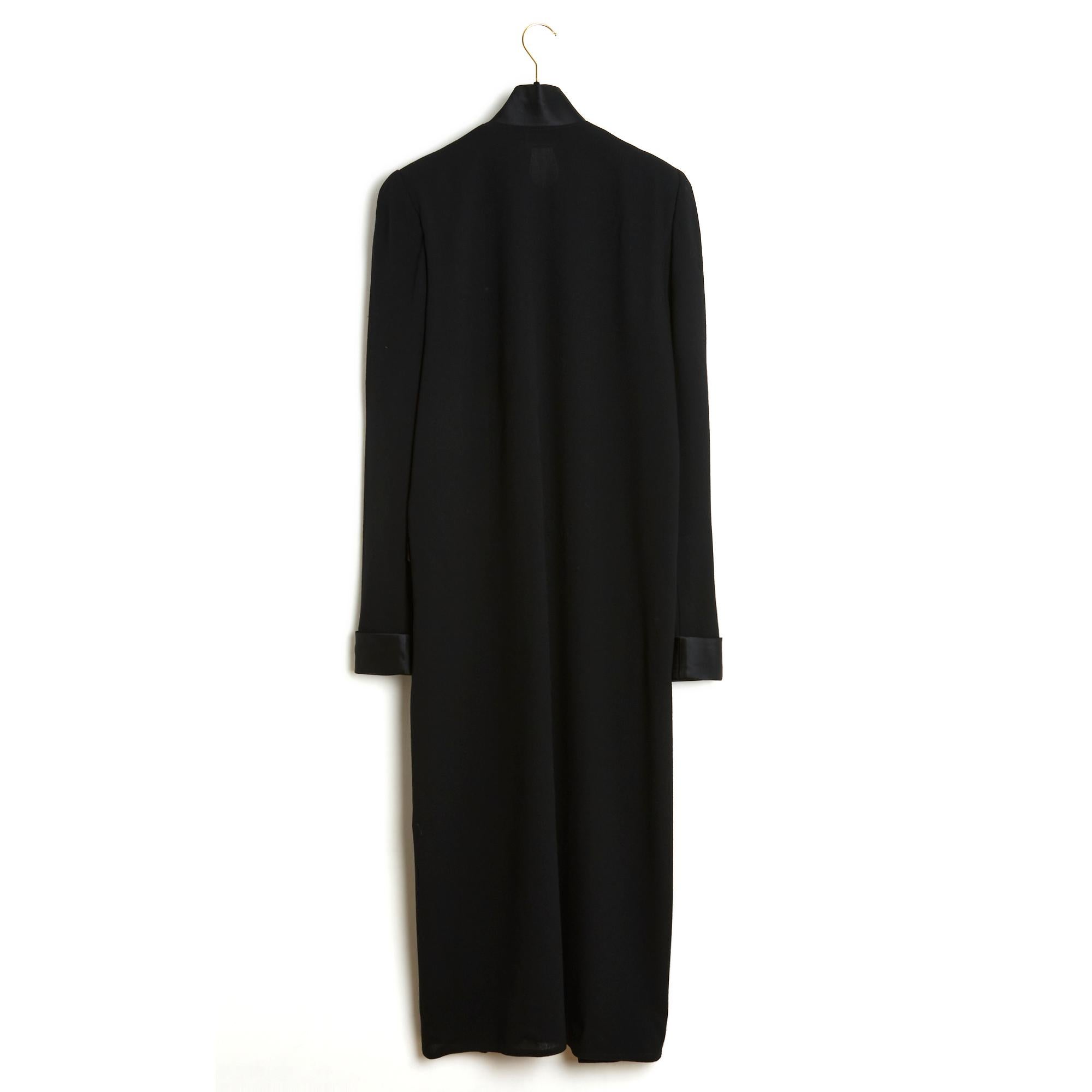 1990 Chanel Maxi Dress Coat FR42/44 Black Wool silk satin ruffles 1