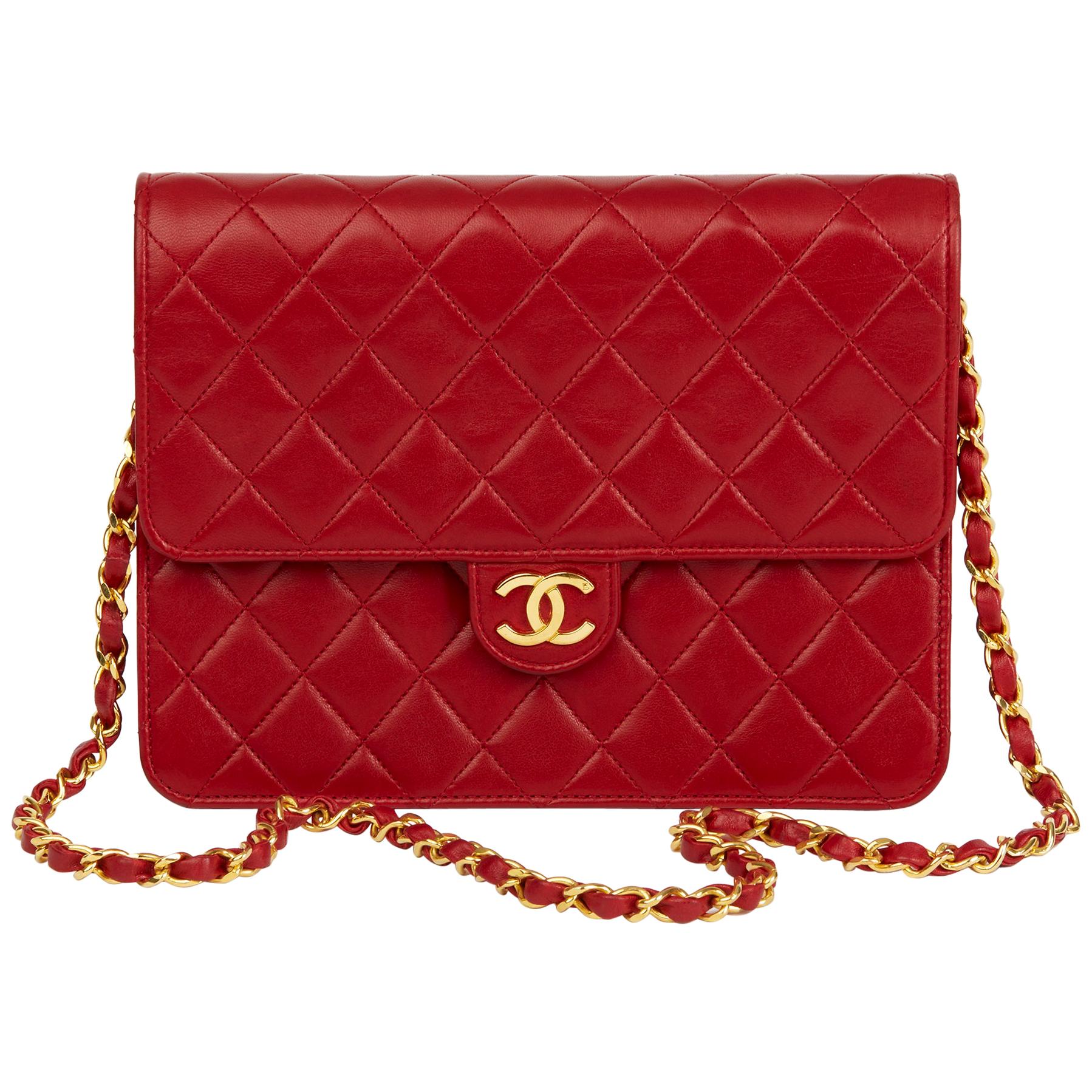 1990 Chanel Red Quilted Lambskin Vintage Small Classic Single Flap Bag