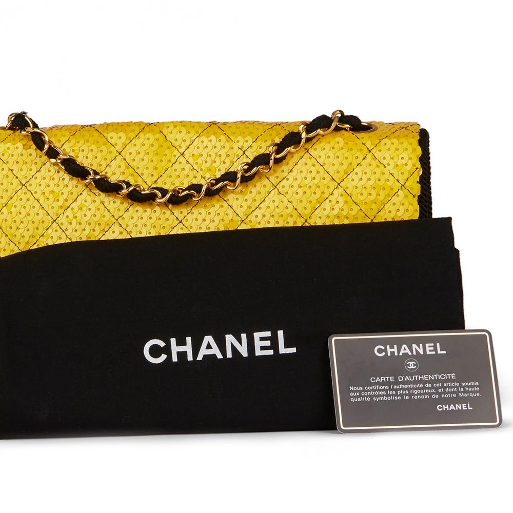 1990 Chanel Yellow Sequin & Black Fabric Vintage Classic Single Flap Bag 6