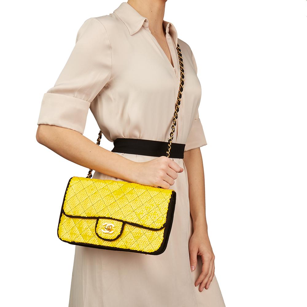 1990 Chanel Yellow Sequin & Black Fabric Vintage Classic Single Flap Bag 8
