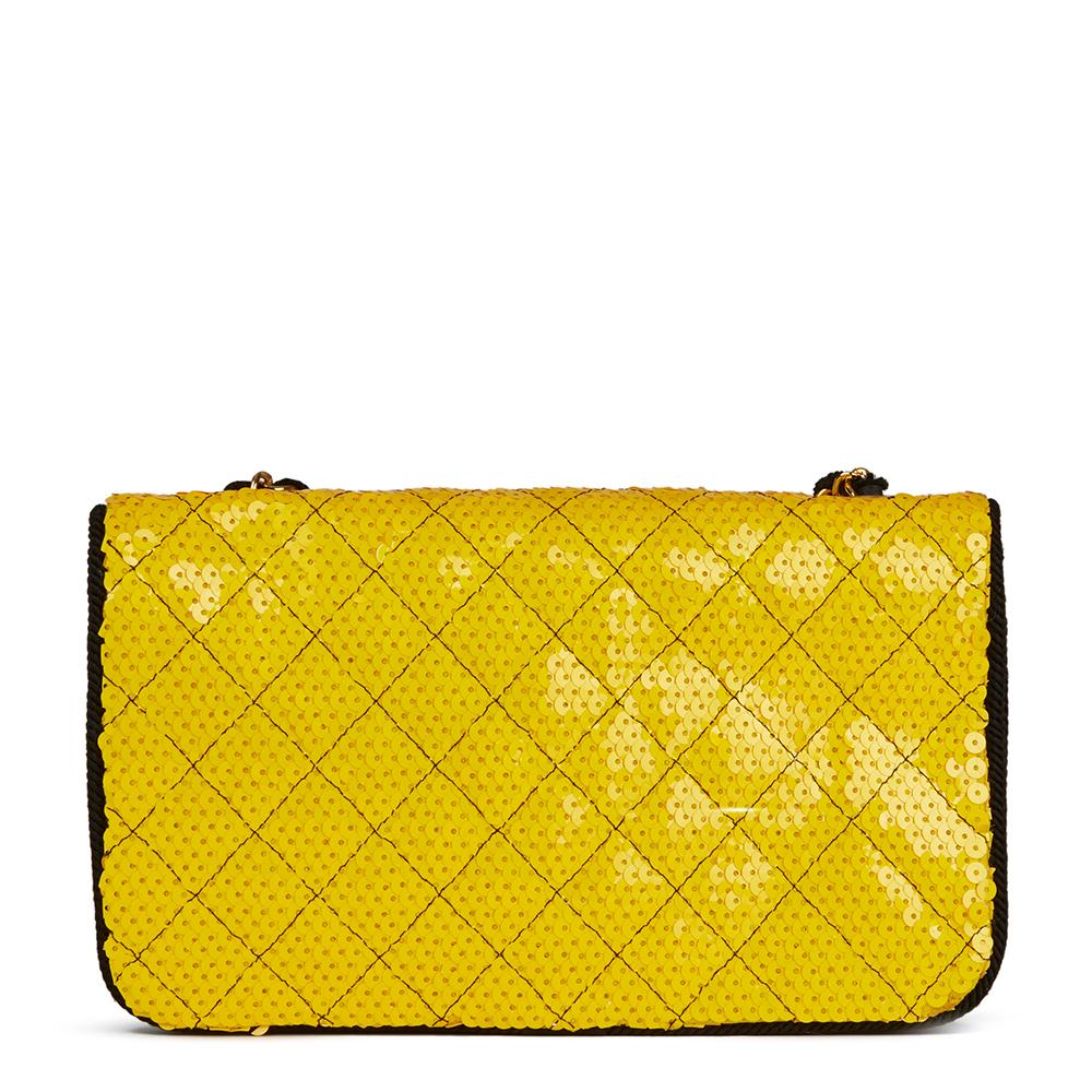 1990 Chanel Yellow Sequin & Black Fabric Vintage Classic Single Flap Bag In Good Condition In Bishop's Stortford, Hertfordshire