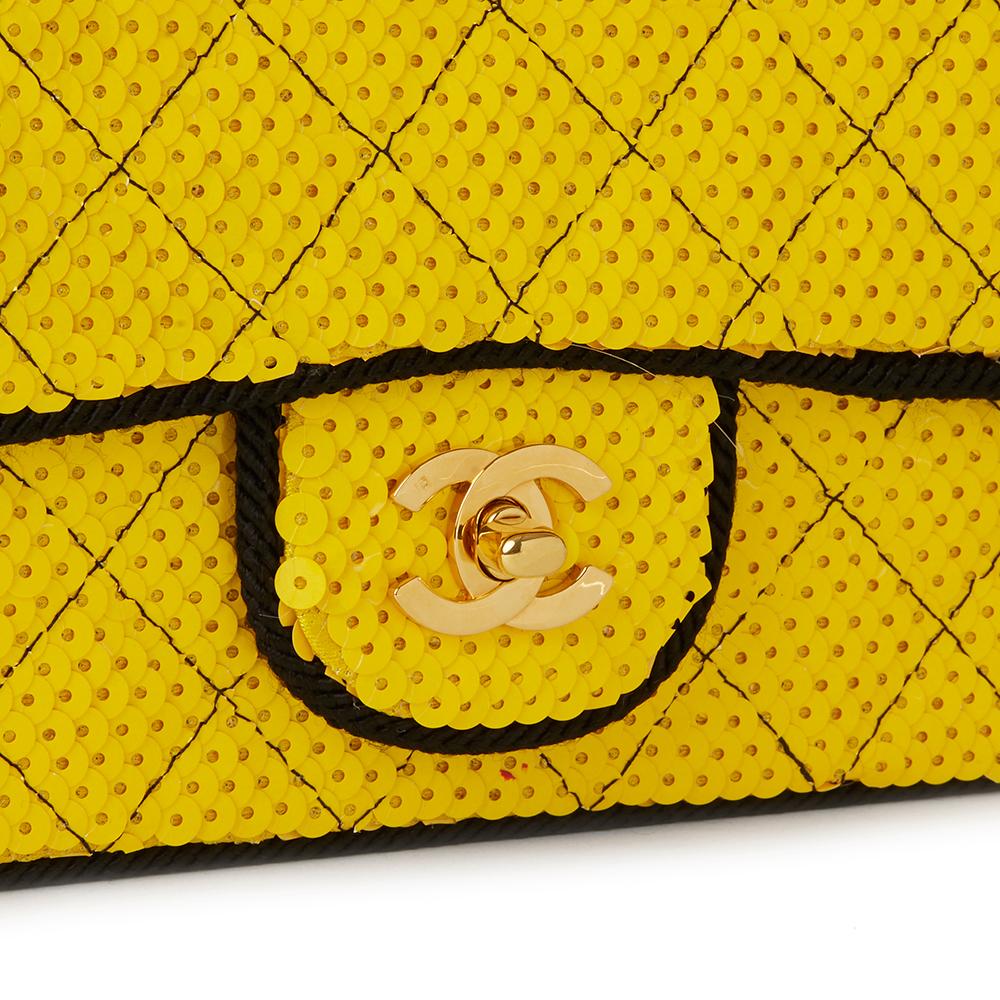 1990 Chanel Yellow Sequin & Black Fabric Vintage Classic Single Flap Bag 1