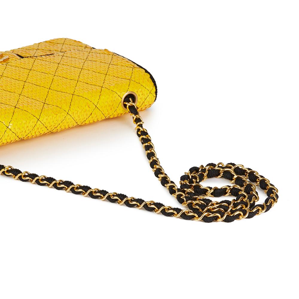 1990 Chanel Yellow Sequin & Black Fabric Vintage Classic Single Flap Bag 2