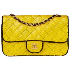 1990 Chanel Yellow Sequin & Black Fabric Vintage Classic Single Flap Bag