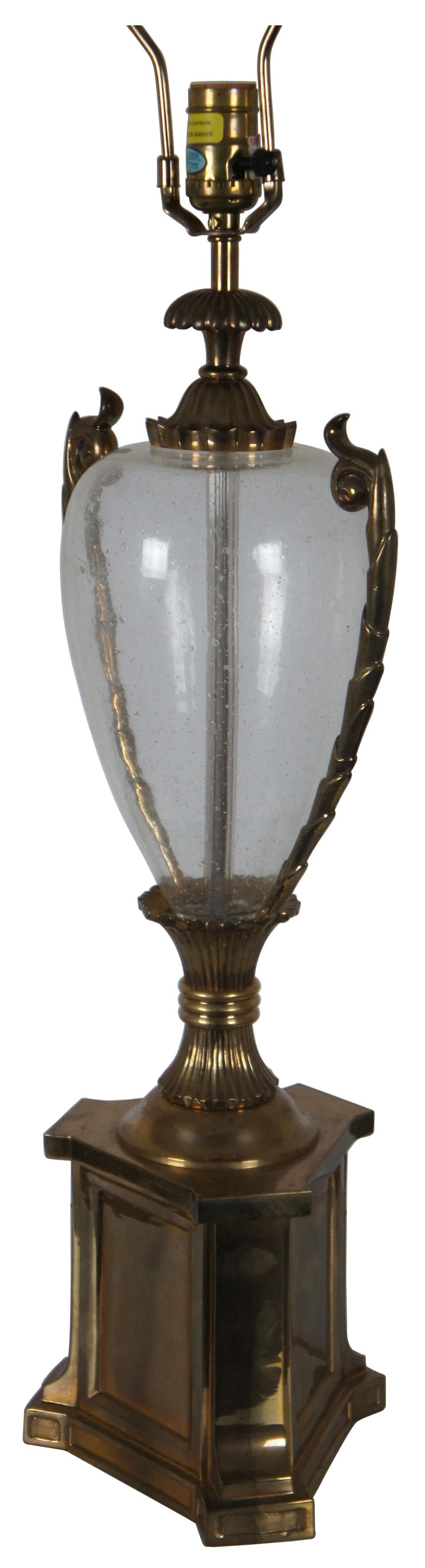 Vintage 1990 neoclassical, Hollywood regency style Chapman brass and glass globe table lamp with daisy finial.

Measures: 9.25” x 6” x 26.5” / Height to Top of Finial – 35” (Width x Depth x Height).