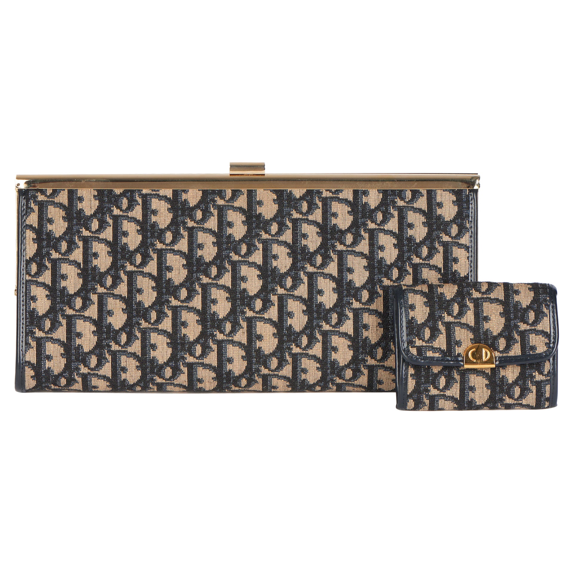 1990 Christian Dior Blue Oblique Monogram Canvas Vintage Clutch with Wallet