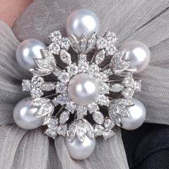 1990 Circular 18K White Gold 7.05 Carats Diamond & Pearl Floral Brooch Pin