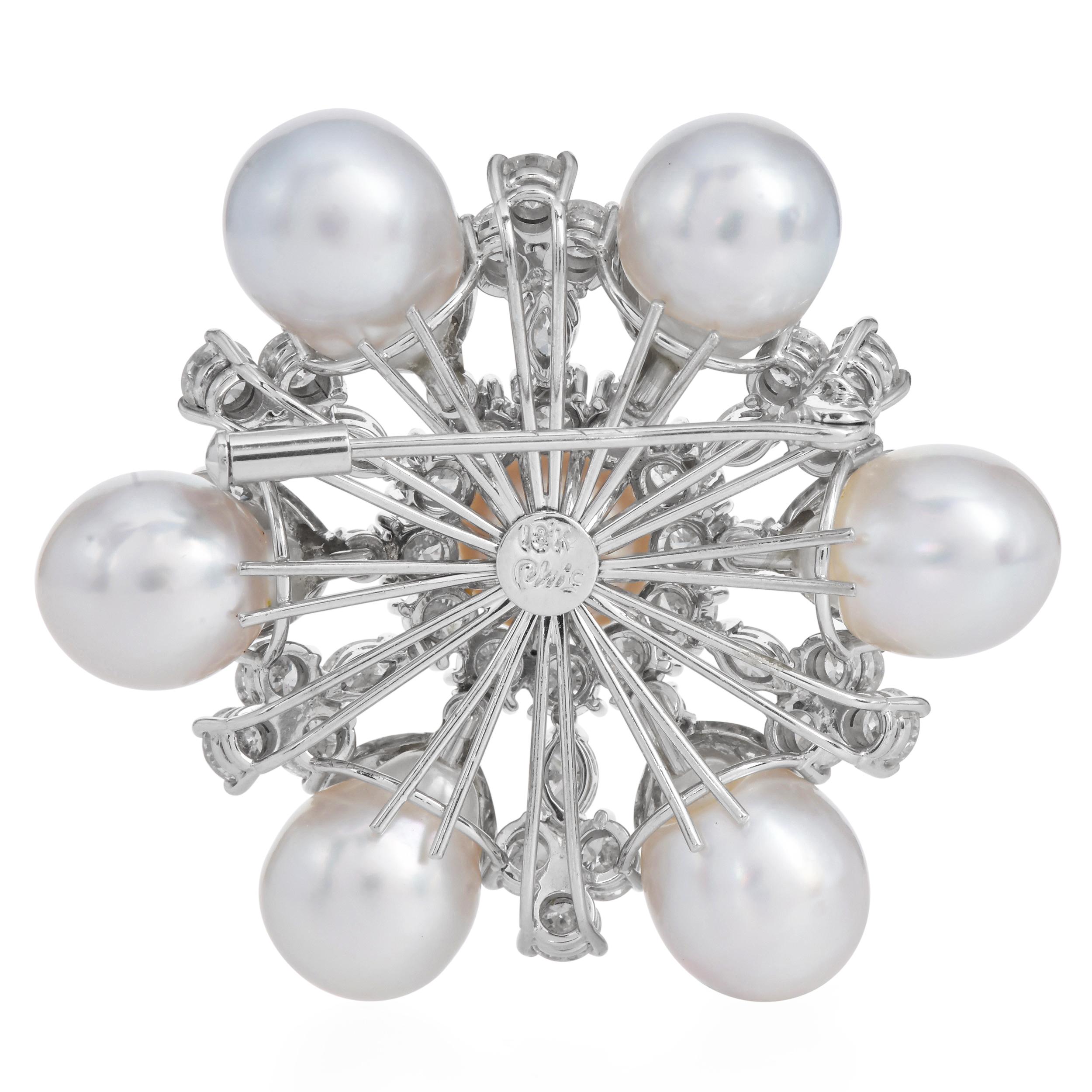 1990 Spilla circolare in oro bianco 18 carati con diamante e perla, 7,05 carati, floreale in vendita 2
