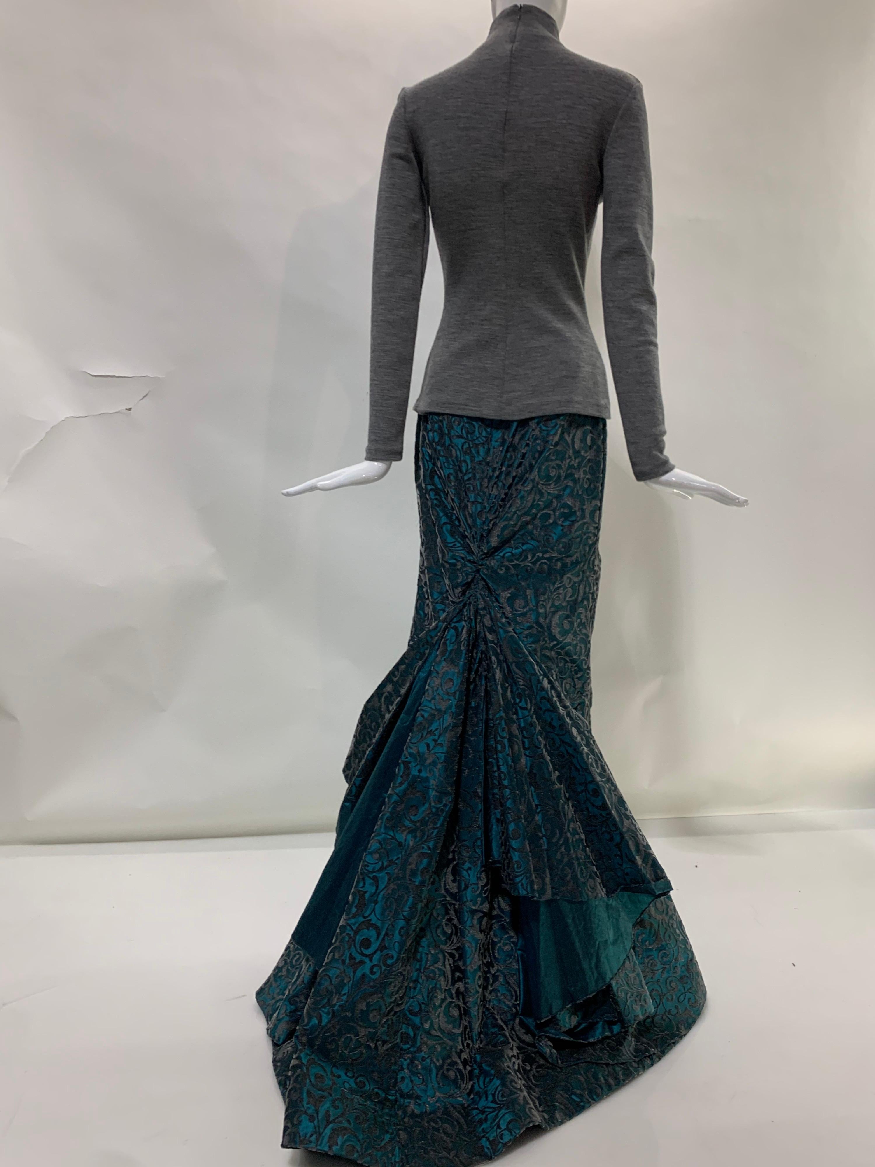1990 Couture Grey Italian Wool Sweater & Teal Taffeta Train Formal Skirt Set In Excellent Condition For Sale In Gresham, OR