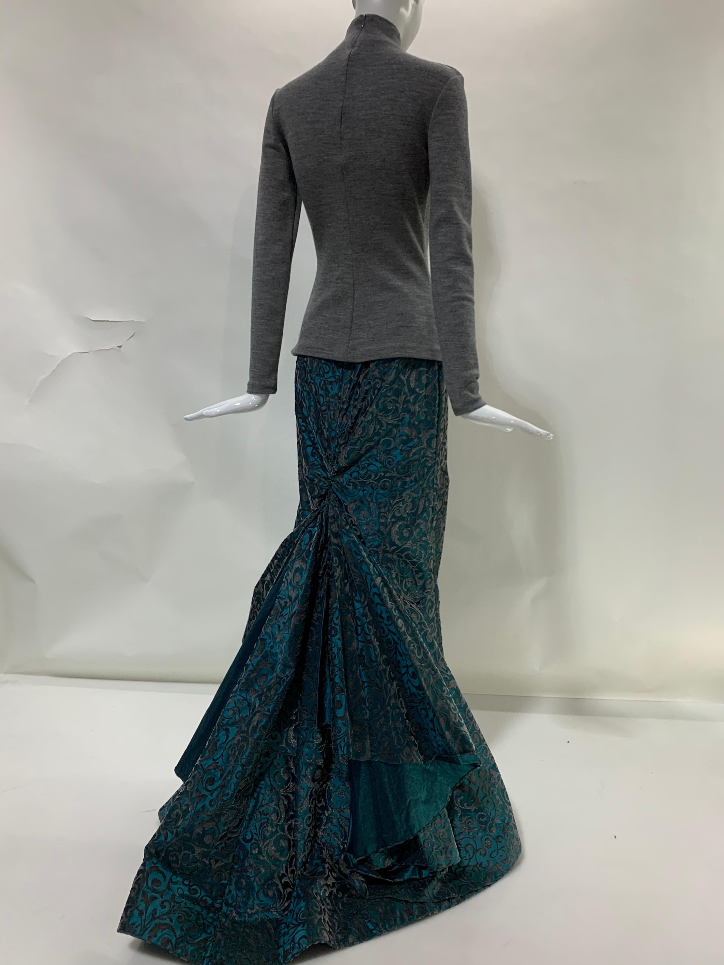 Women's 1990 Couture Grey Italian Wool Sweater & Teal Taffeta Train Formal Skirt Set For Sale