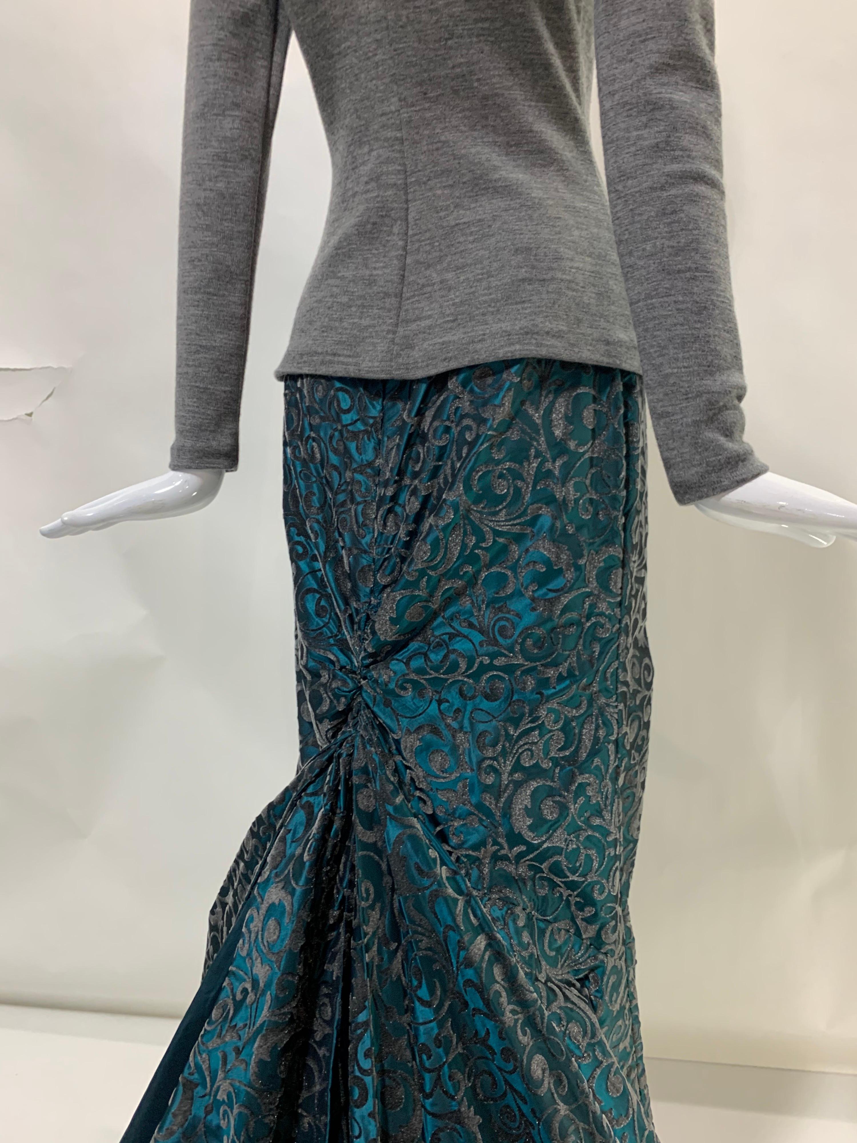 1990 Couture Grey Italian Wool Sweater & Teal Taffeta Train Formal Skirt Set For Sale 1