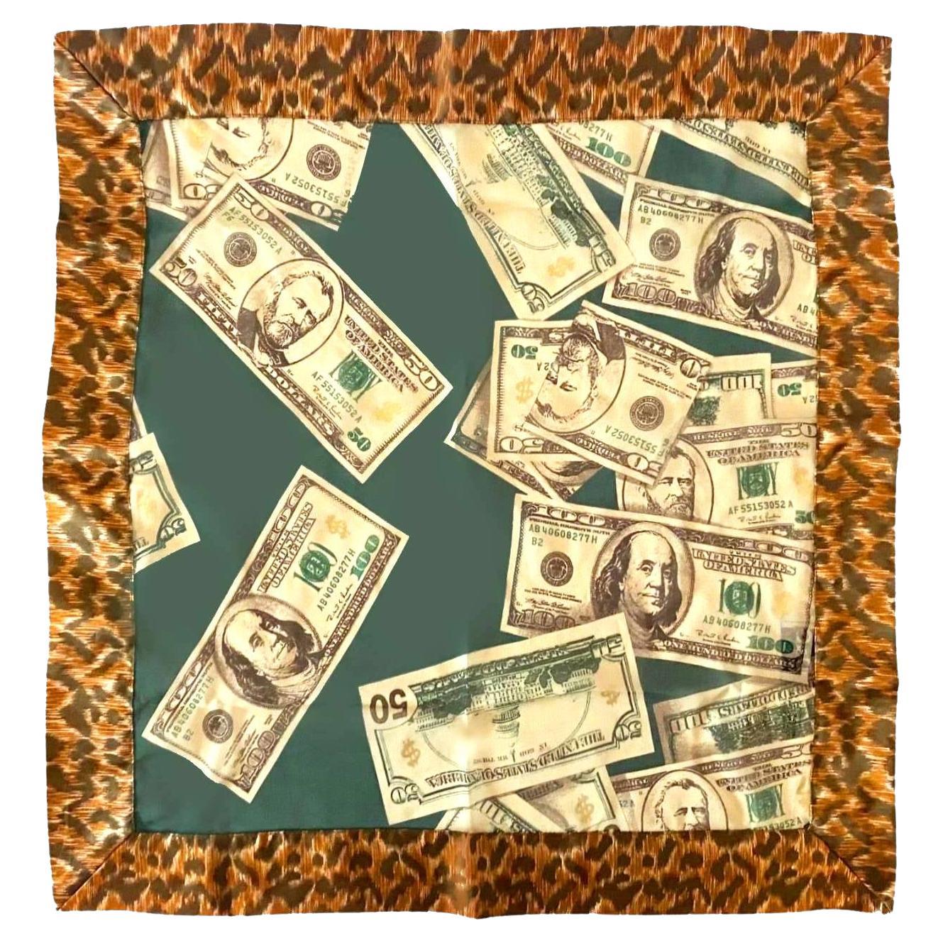 1990s D&G Dolce & Gabbana  Money Print Leopard Chiffon Silk Scarf 