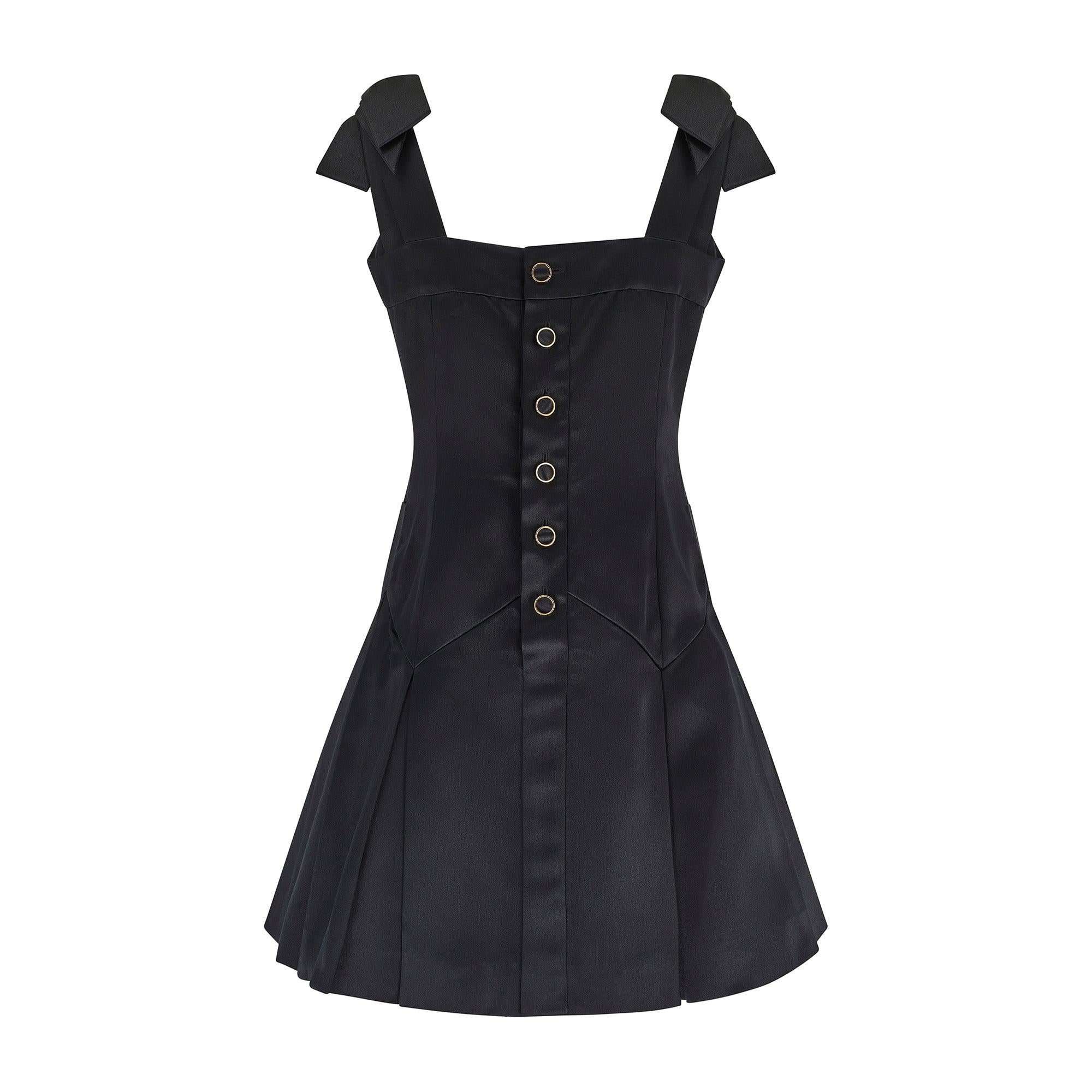1990 Documented Chanel Black Satin Bow Shoulder Pleated Mini Dress In Excellent Condition For Sale In London, GB
