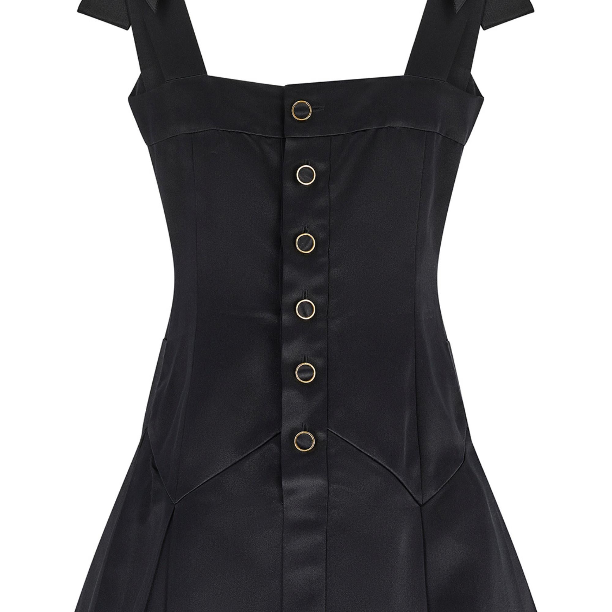 Women's 1990 Documented Chanel Black Satin Bow Shoulder Pleated Mini Dress For Sale