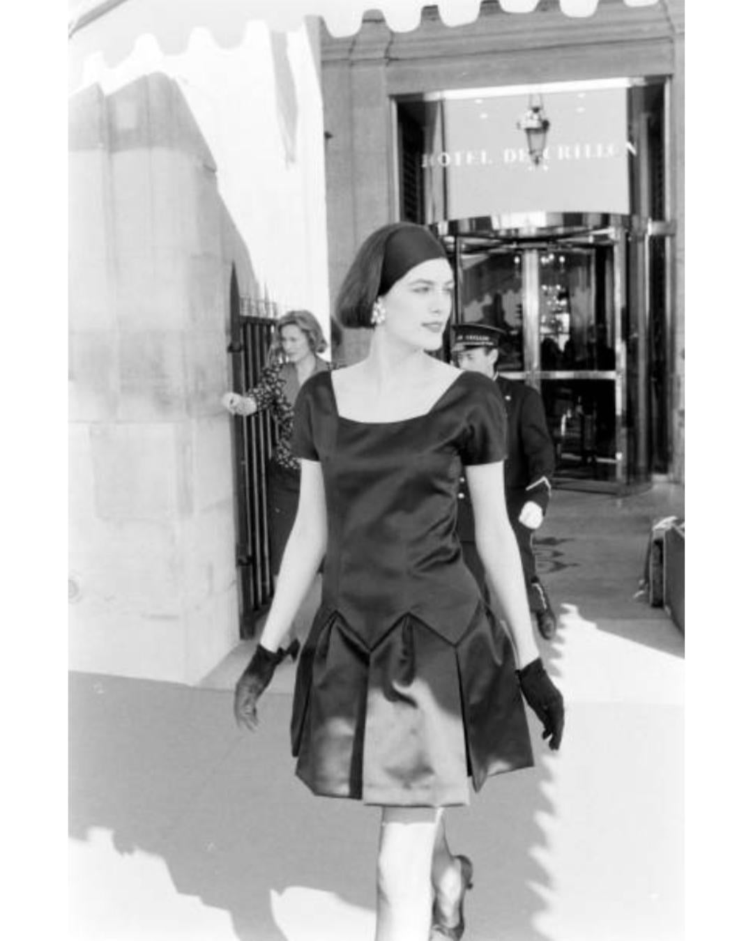 1990 Documented Chanel Black Satin Bow Shoulder Pleated Mini Dress For Sale 4