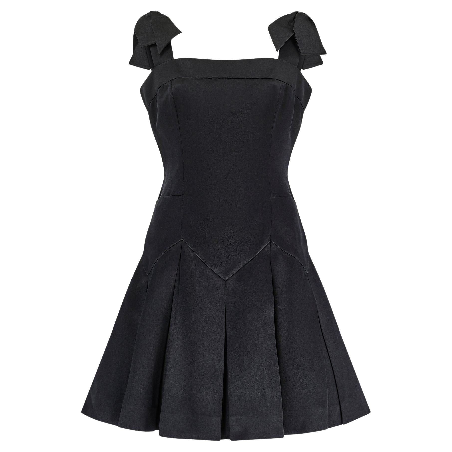 1990 Documented Chanel Black Satin Bow Shoulder Pleated Mini Dress For Sale