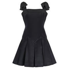 1990 Documented Chanel Black Satin Bow Shoulder Pleated Mini Dress