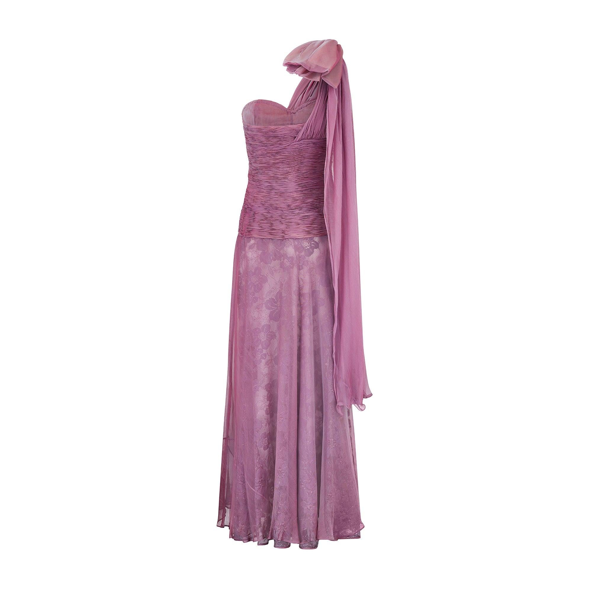 1990 Documented Valentino Purple Iridescent Silk Chiffon Ruched Dress Bon état - En vente à London, GB