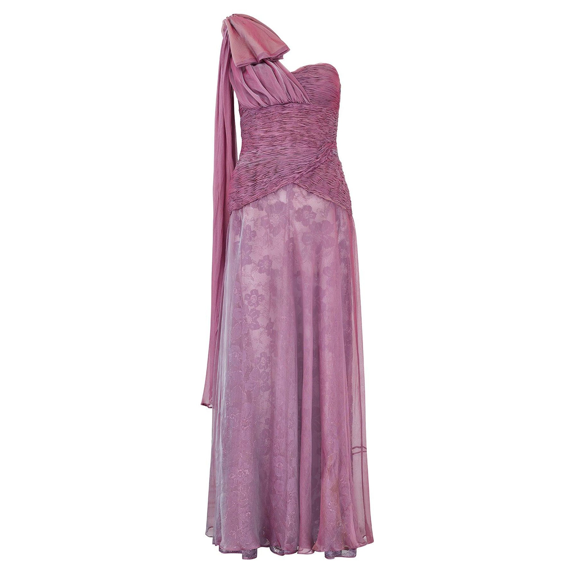 1990 Documentado Valentino Vestido acampanado de gasa de seda iridiscente morada en venta