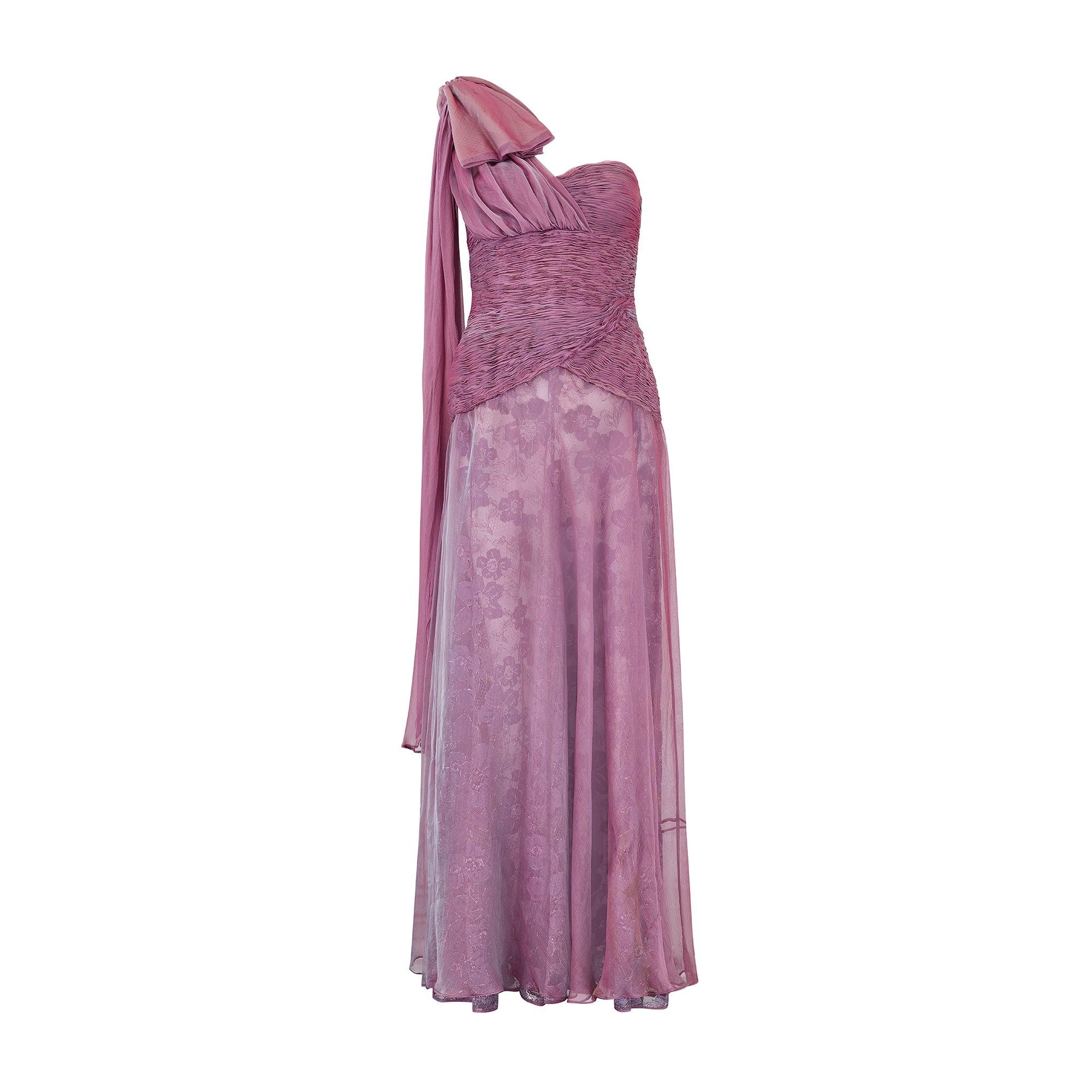 1990 Documented Valentino Purple Iridescent Silk Chiffon Ruched Dress en vente