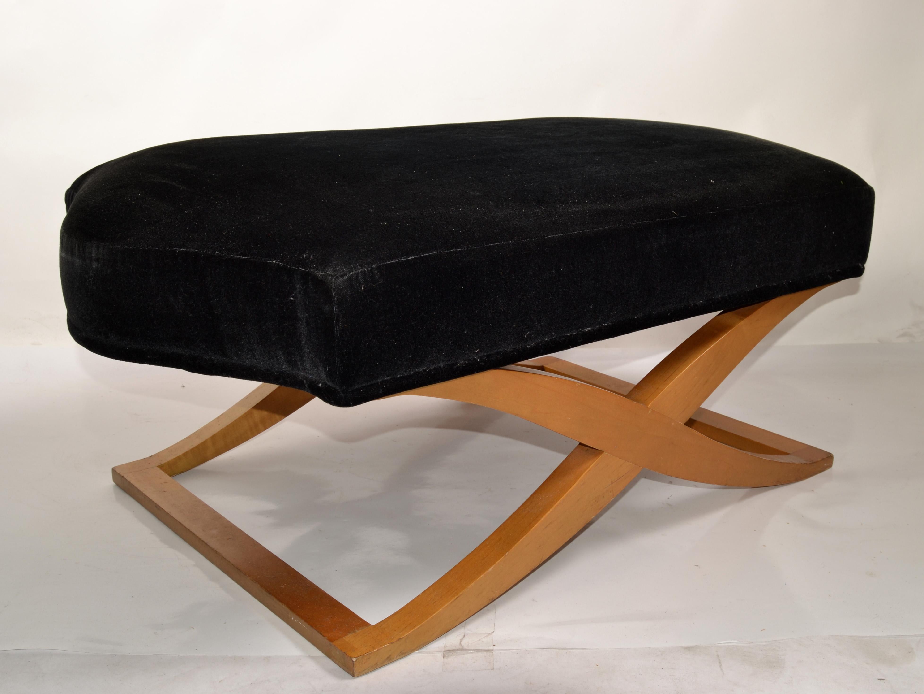 1990 Donghia Versailles Black Mohair Blonde Wood Stool Bench Ottoman John Hutton In Good Condition For Sale In Miami, FL