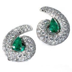 14K Gold 1990 Emerald Drops Diamond Clip-On Earrings