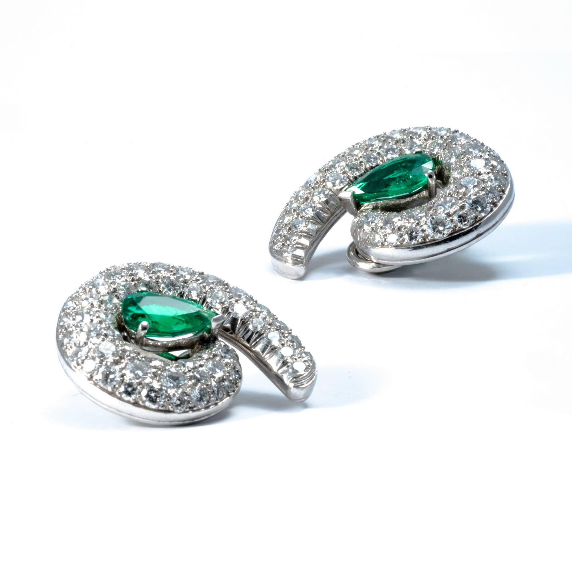 Women's 14K Gold 1990 Emerald Drops Diamond Clip-On Earrings For Sale