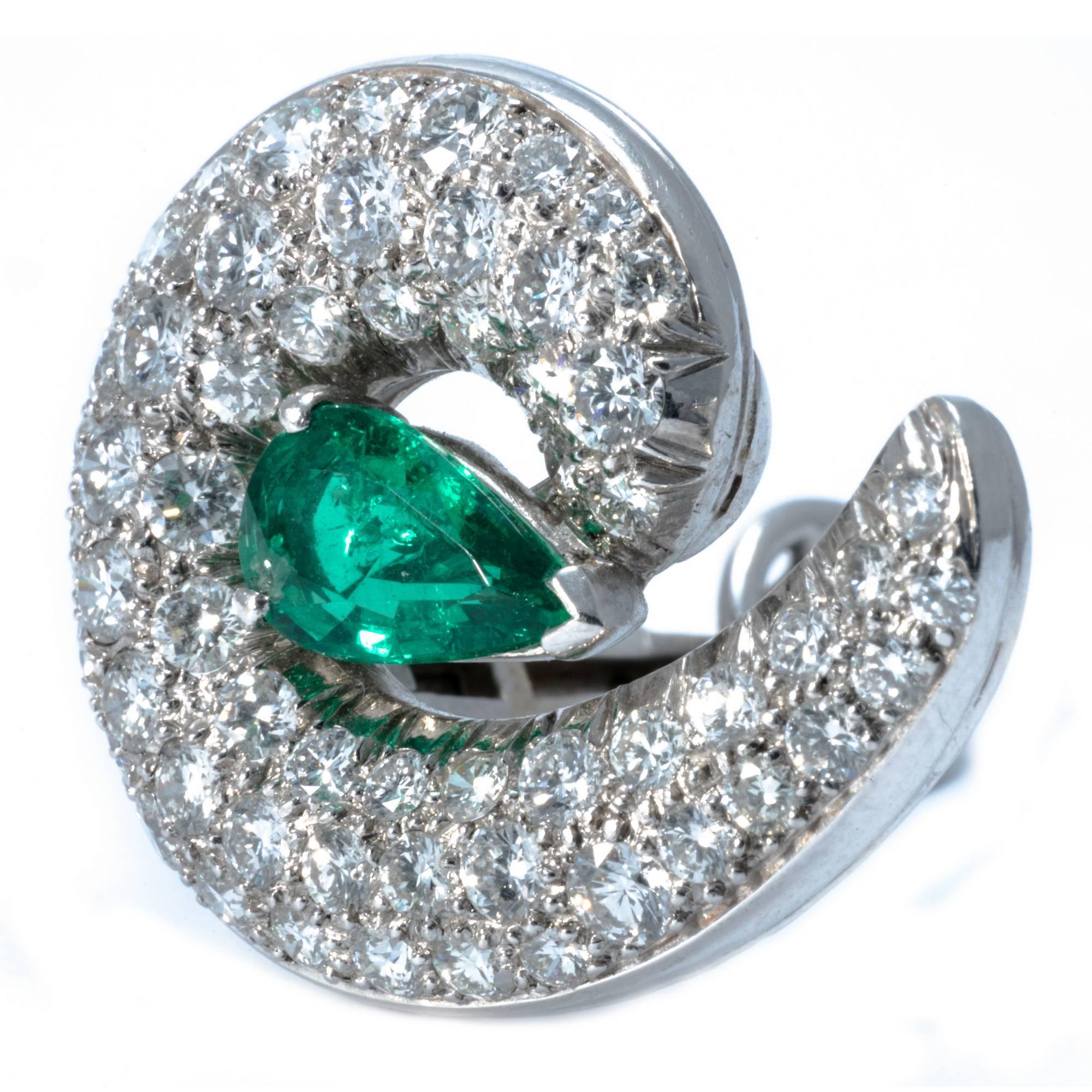 14K Gold 1990 Emerald Drops Diamond Clip-On Earrings For Sale 1