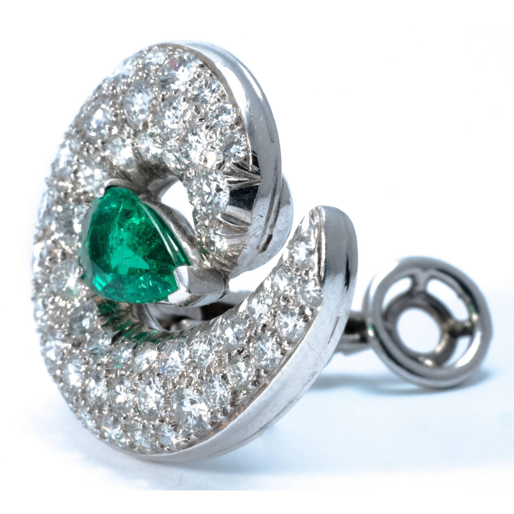14K Gold 1990 Emerald Drops Diamond Clip-On Earrings For Sale 2