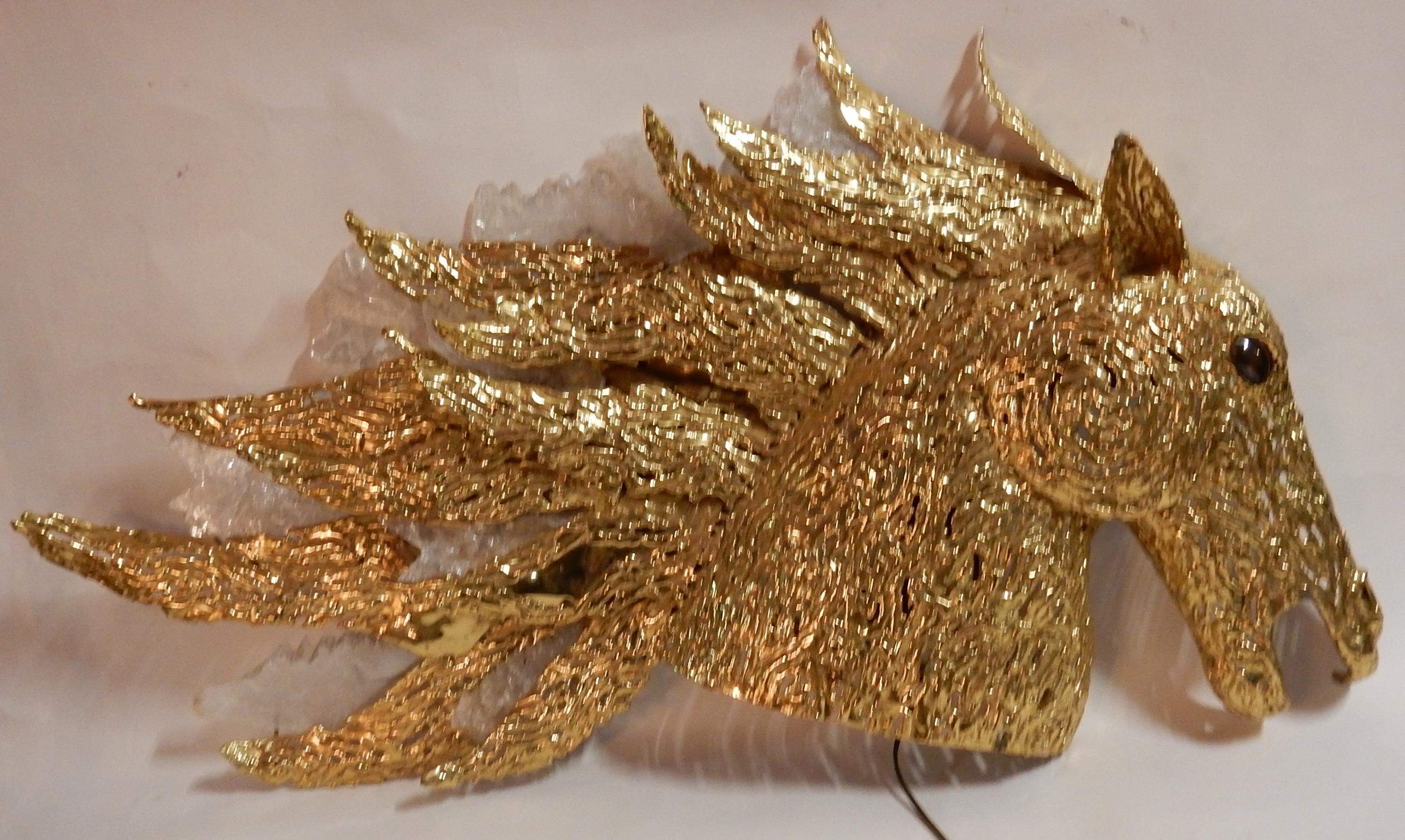 1990 Enlightening Sconce Horse's Head Gilded Bronze + Gypsum Signed Lambert Ph For Sale 4