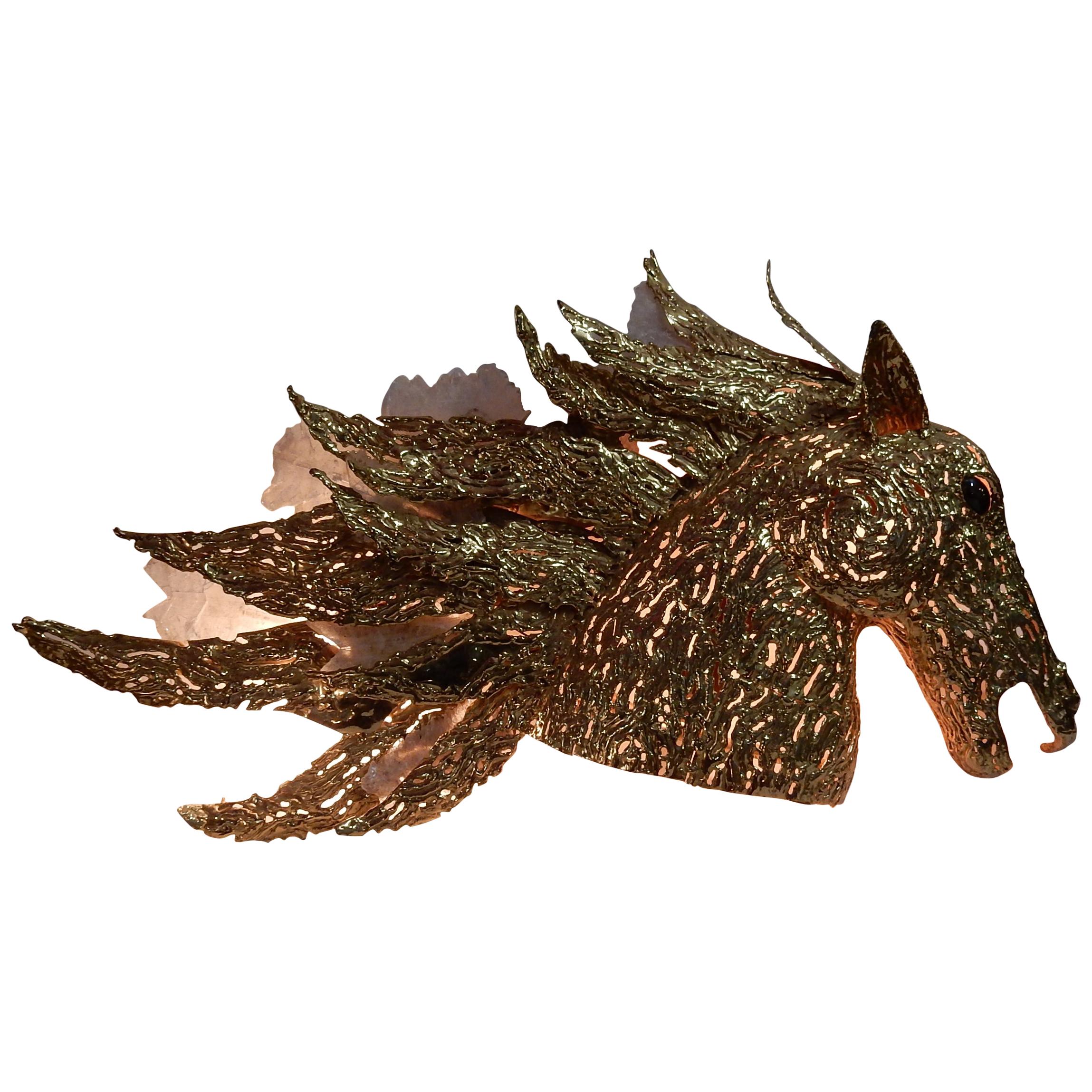 1990 Enlightening Sconce Horse's Head Gilded Bronze + Gypsum Signed Lambert Ph For Sale