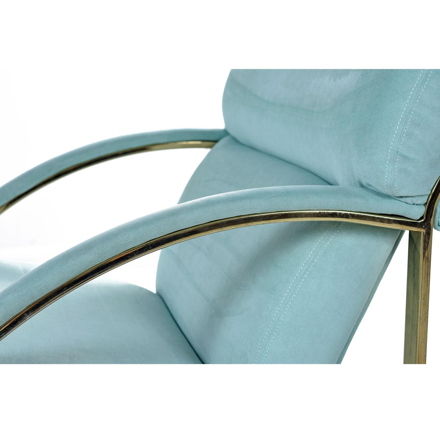 1990 Flat Bar Brass Hollywood Regency Armchair by Carson's, Teal Sea Foam In Good Condition In Chattanooga, TN
