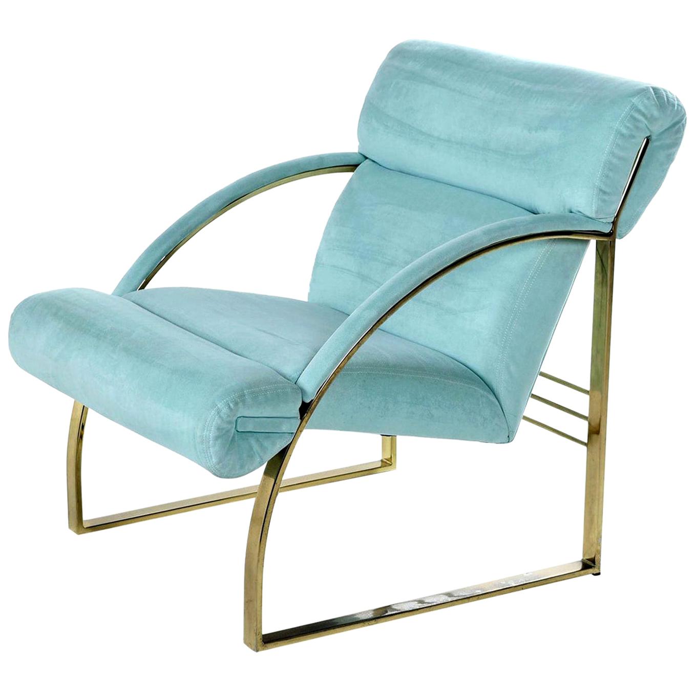 Heavy duty flat bar brass armchair by Carson's fine furniture. Inspired by the Milo Baughman BRNO chairs. Perfect for any Mid-Century Modern or Hollywood Regency interior. Versatile size and design allows this chair to integrate as a lounge chair,