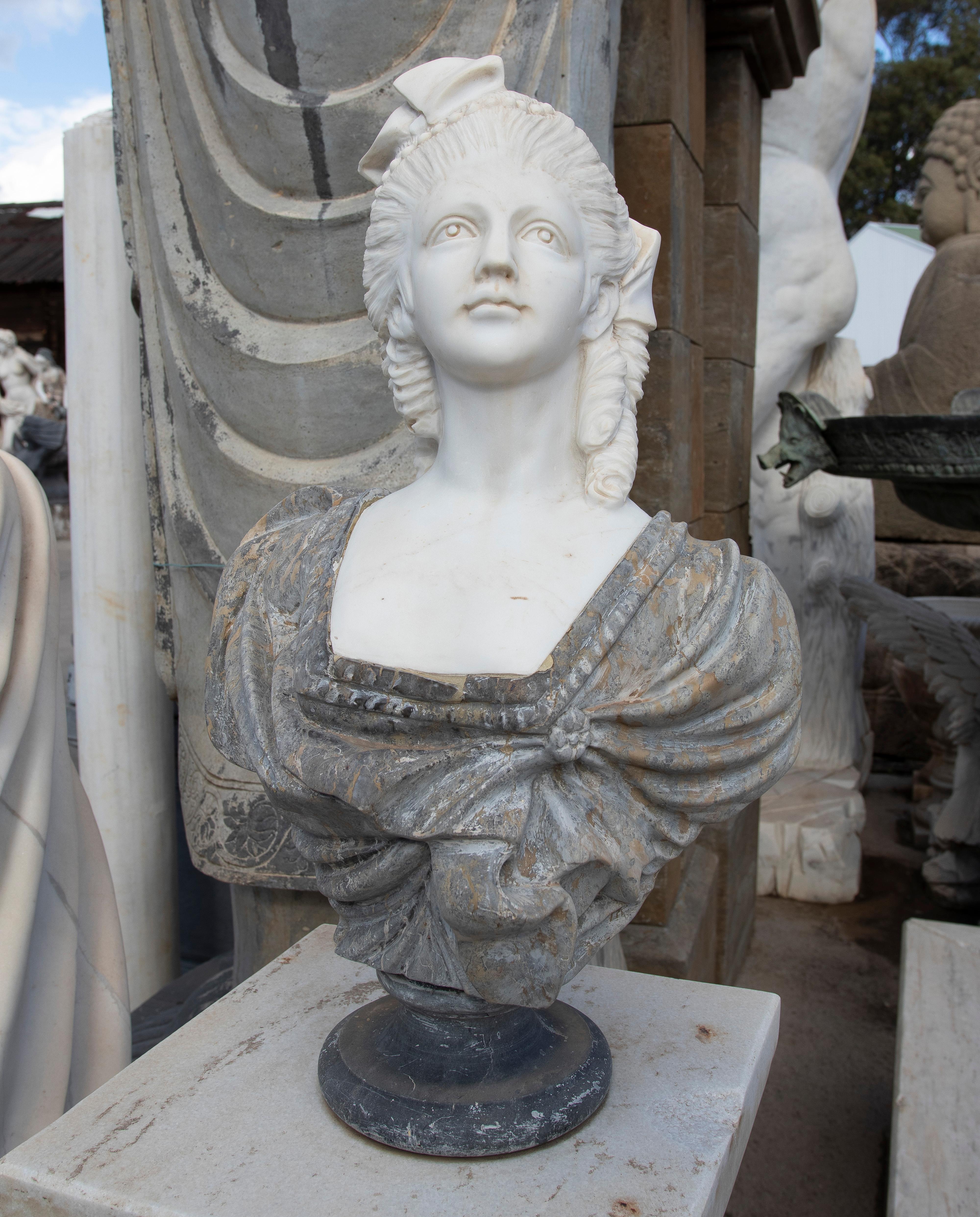 Spanish 1990 French White Carrara & Giallo Marrone Marble Bust of Marie Antoinette