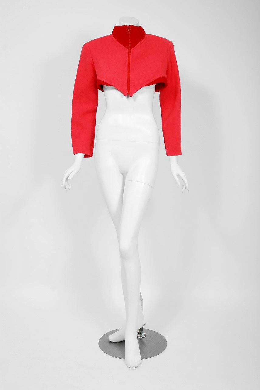 Vintage 1990 Geoffrey Beene Red & Pink Wool Cropped Zip-Up Sportswear Jacket 1