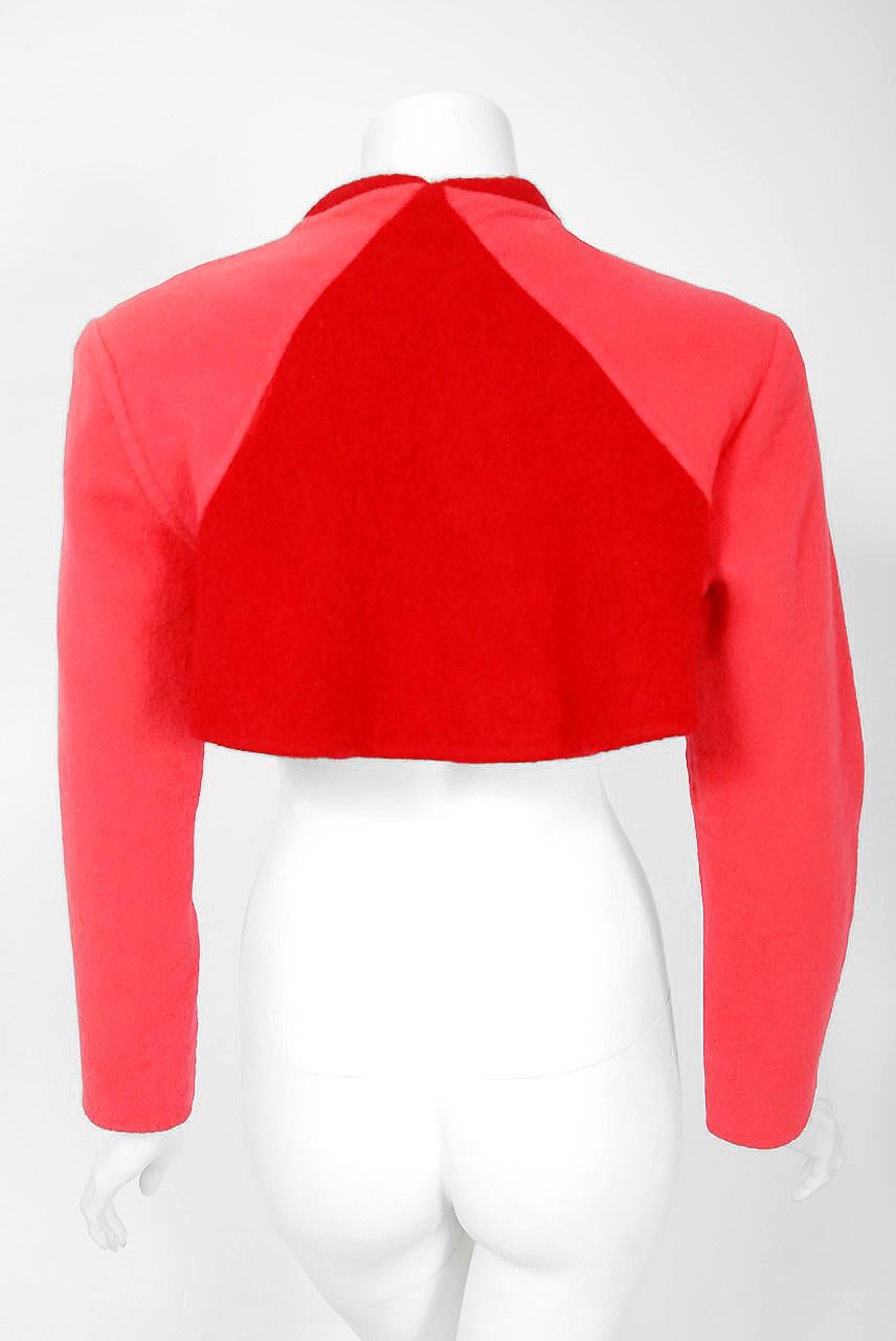 Vintage 1990 Geoffrey Beene Red & Pink Wool Cropped Zip-Up Sportswear Jacket 4