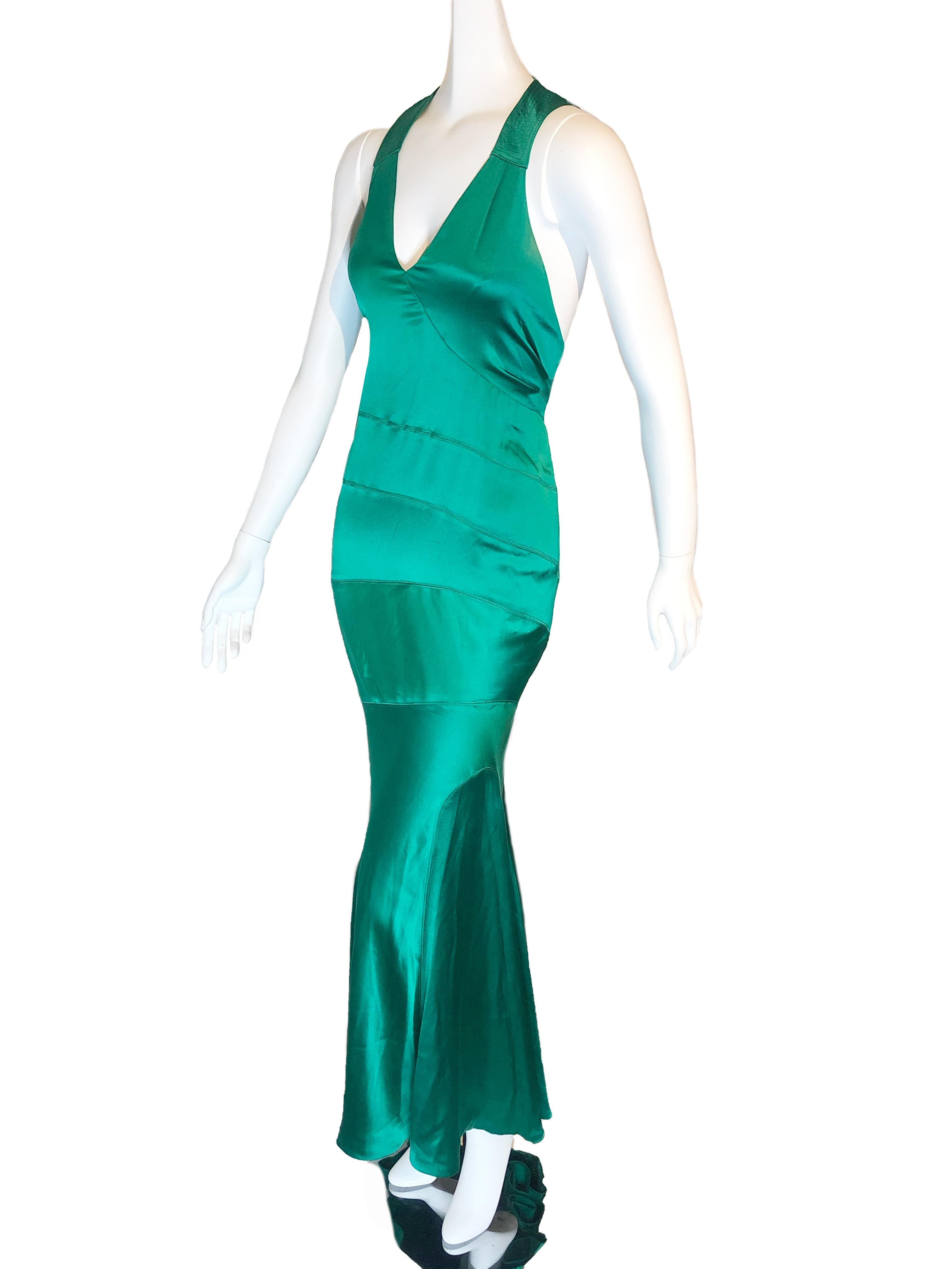 Women's or Men's 1990 Gianni Versace Emerald Green Silk Satin Bias Gown For Sale