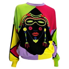 1990 Gianni Versace Men's Embroidered Multicolor Harlequin Face Sweater
